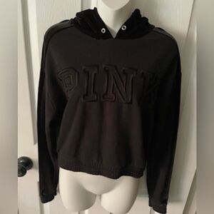 VICTORIA'S SECRET PINK CROPPED HOODIE VELVET LOGO LONG SLEEVE BLACK 🖤